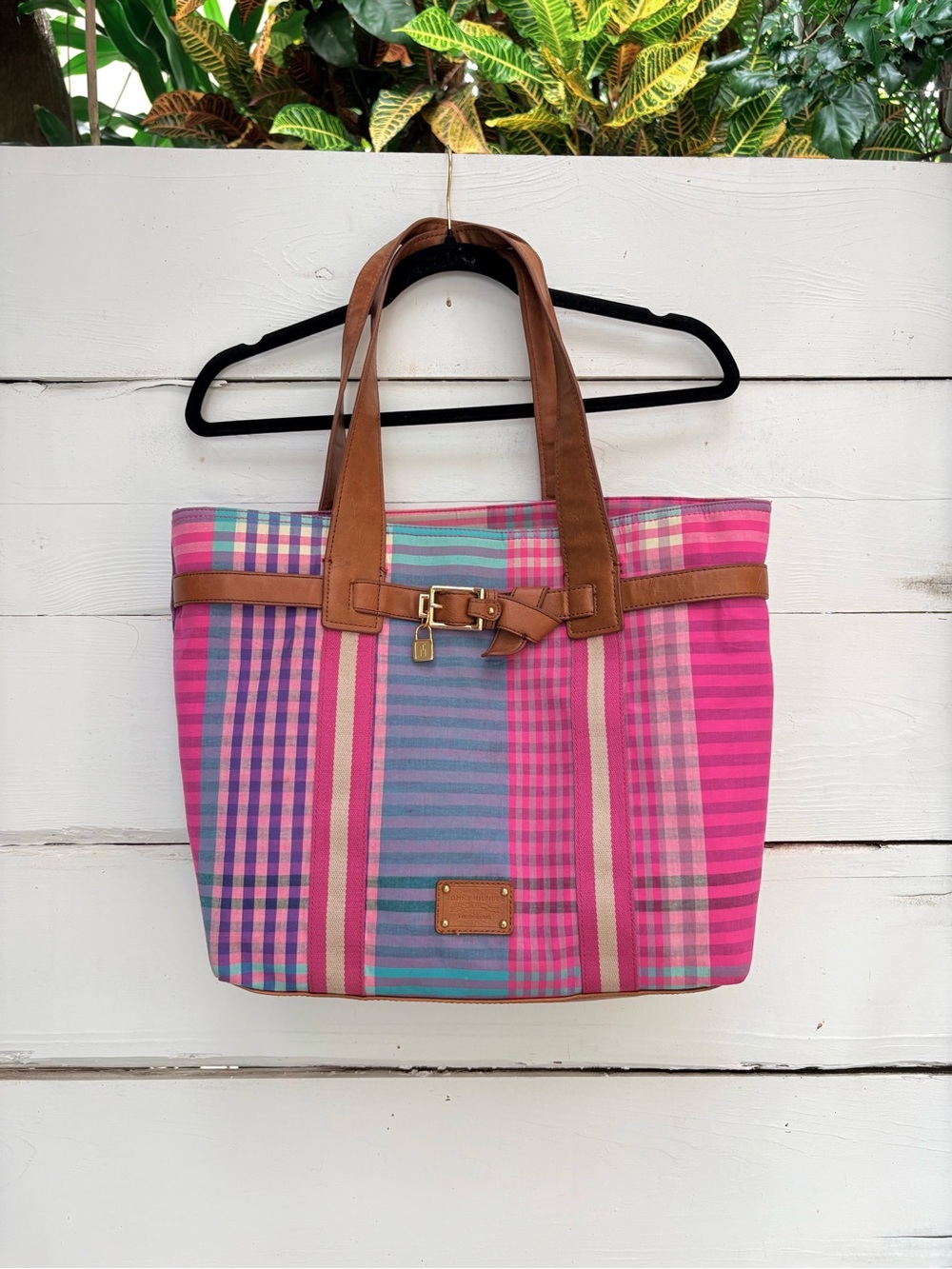 Tommy Hilfiger Striped Pink Plaid Canvas Tote with Brown Trim
